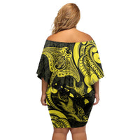 Hawaiian Manta Rays Off Shoulder Short Dress Tribal Hibiscus Polynesian Tattoos Yellow Color LT03 - Polynesian Pride