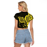 Hawaiian Manta Rays Raglan Cropped T Shirt Tribal Hibiscus Polynesian Tattoos Yellow Color LT03 - Polynesian Pride