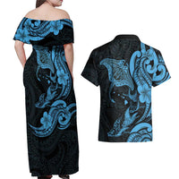 Hawaiian Manta Rays Couples Matching Off Shoulder Maxi Dress and Hawaiian Shirt Tribal Hibiscus Polynesian Tattoos Blue Color LT03 - Polynesian Pride