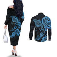 Hawaiian Manta Rays Couples Matching Off The Shoulder Long Sleeve Dress and Long Sleeve Button Shirt Tribal Hibiscus Polynesian Tattoos Blue Color LT03 - Polynesian Pride