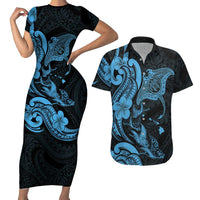 Hawaiian Manta Rays Couples Matching Short Sleeve Bodycon Dress and Hawaiian Shirt Tribal Hibiscus Polynesian Tattoos Blue Color LT03 Blue - Polynesian Pride