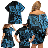 Hawaiian Manta Rays Family Matching Off Shoulder Short Dress and Hawaiian Shirt Tribal Hibiscus Polynesian Tattoos Blue Color LT03 - Polynesian Pride
