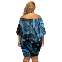 Hawaiian Manta Rays Family Matching Off Shoulder Short Dress and Hawaiian Shirt Tribal Hibiscus Polynesian Tattoos Blue Color LT03 - Polynesian Pride