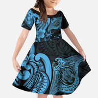 Hawaiian Manta Rays Family Matching Summer Maxi Dress and Hawaiian Shirt Tribal Hibiscus Polynesian Tattoos Blue Color LT03 Daughter's Dress Blue - Polynesian Pride