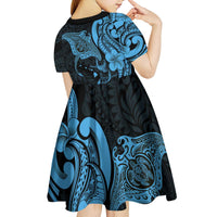 Hawaiian Manta Rays Kid Short Sleeve Dress Tribal Hibiscus Polynesian Tattoos Blue Color LT03 - Polynesian Pride
