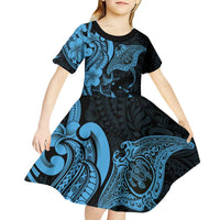 Hawaiian Manta Rays Kid Short Sleeve Dress Tribal Hibiscus Polynesian Tattoos Blue Color LT03 - Polynesian Pride