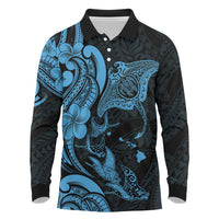 Hawaiian Manta Rays Long Sleeve Polo Shirt Tribal Hibiscus Polynesian Tattoos Blue Color LT03 Blue - Polynesian Pride