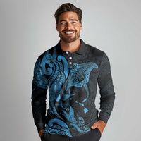 Hawaiian Manta Rays Long Sleeve Polo Shirt Tribal Hibiscus Polynesian Tattoos Blue Color LT03 - Polynesian Pride