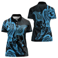 Hawaiian Manta Rays Women Polo Shirt Tribal Hibiscus Polynesian Tattoos Blue Color LT03 - Polynesian Pride