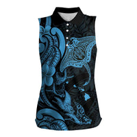 Hawaiian Manta Rays Women Sleeveless Polo Shirt Tribal Hibiscus Polynesian Tattoos Blue Color LT03 Female Blue - Polynesian Pride