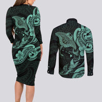 Hawaiian Manta Rays Couples Matching Long Sleeve Bodycon Dress and Long Sleeve Button Shirt Tribal Hibiscus Polynesian Tattoos Turquoise Color LT03 - Polynesian Pride