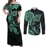 Hawaiian Manta Rays Couples Matching Off Shoulder Maxi Dress and Long Sleeve Button Shirt Tribal Hibiscus Polynesian Tattoos Turquoise Color LT03 Turquoise - Polynesian Pride