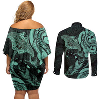 Hawaiian Manta Rays Couples Matching Off Shoulder Short Dress and Long Sleeve Button Shirt Tribal Hibiscus Polynesian Tattoos Turquoise Color LT03 - Polynesian Pride
