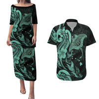 Hawaiian Manta Rays Couples Matching Puletasi and Hawaiian Shirt Tribal Hibiscus Polynesian Tattoos Turquoise Color LT03 Turquoise - Polynesian Pride