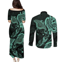 Hawaiian Manta Rays Couples Matching Puletasi and Long Sleeve Button Shirt Tribal Hibiscus Polynesian Tattoos Turquoise Color LT03 - Polynesian Pride