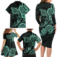 Hawaiian Manta Rays Family Matching Long Sleeve Bodycon Dress and Hawaiian Shirt Tribal Hibiscus Polynesian Tattoos Turquoise Color LT03 - Polynesian Pride