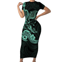 Hawaiian Manta Rays Family Matching Short Sleeve Bodycon Dress and Hawaiian Shirt Tribal Hibiscus Polynesian Tattoos Turquoise Color LT03 Mom's Dress Turquoise - Polynesian Pride