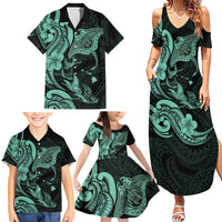 Hawaiian Manta Rays Family Matching Summer Maxi Dress and Hawaiian Shirt Tribal Hibiscus Polynesian Tattoos Turquoise Color LT03 - Polynesian Pride