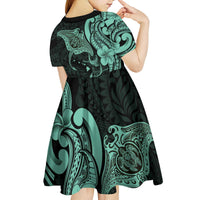 Hawaiian Manta Rays Kid Short Sleeve Dress Tribal Hibiscus Polynesian Tattoos Turquoise Color LT03 - Polynesian Pride