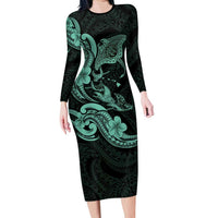 Hawaiian Manta Rays Long Sleeve Bodycon Dress Tribal Hibiscus Polynesian Tattoos Turquoise Color LT03 Long Dress Turquoise - Polynesian Pride