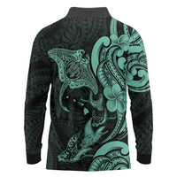 Hawaiian Manta Rays Long Sleeve Polo Shirt Tribal Hibiscus Polynesian Tattoos Turquoise Color LT03 - Polynesian Pride