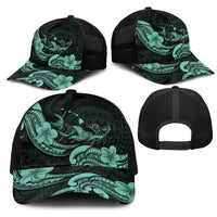 Hawaiian Manta Rays Mesh Trucker Cap Tribal Hibiscus Polynesian Tattoos Turquoise Color - Polynesian Pride