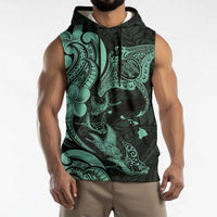 Hawaiian Manta Rays Sleeveless Hoodie Tribal Hibiscus Polynesian Tattoos Turquoise Color LT03 - Polynesian Pride