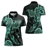 Hawaiian Manta Rays Women Polo Shirt Tribal Hibiscus Polynesian Tattoos Turquoise Color LT03 - Polynesian Pride