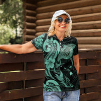 Hawaiian Manta Rays Women Polo Shirt Tribal Hibiscus Polynesian Tattoos Turquoise Color - Polynesian Pride