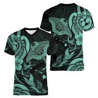 Hawaiian Manta Rays Women V-Neck T-Shirt Tribal Hibiscus Polynesian Tattoos Turquoise Color LT03 - Polynesian Pride