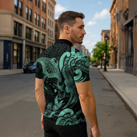 Hawaiian Manta Rays Zipper Polo Shirt Tribal Hibiscus Polynesian Tattoos Turquoise Color LT03 - Polynesian Pride