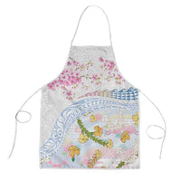 Hawaiian and Japanese Culture Together Apron Tribal Motifs with Lei and Japanese Sakura Pattern LT03 White - Polynesian Pride