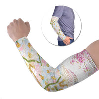 Hawaiian and Japanese Culture Together Arm Sleeves Tribal Motifs with Lei and Japanese Sakura Pattern LT03 Set of 2 White - Polynesian Pride