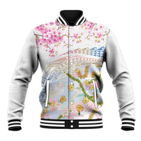 Hawaiian and Japanese Culture Together Baseball Jacket Tribal Motifs with Lei and Japanese Sakura Pattern LT03 Unisex White - Polynesian Pride