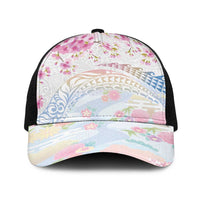 Hawaiian and Japanese Culture Together Baseball Net Cap Tribal Motifs with Lei and Japanese Sakura Pattern LT03 One Size Black White - Polynesian Pride