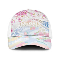 Hawaiian and Japanese Culture Together Baseball Net Cap Tribal Motifs with Lei and Japanese Sakura Pattern LT03 One Size White White - Polynesian Pride