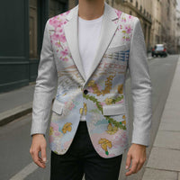 Hawaiian and Japanese Culture Together Blazer Tribal Motifs with Lei and Japanese Sakura Pattern LT03 - Polynesian Pride