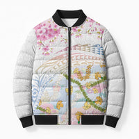 Hawaiian and Japanese Culture Together Bomber Puffer Jacket Tribal Motifs with Lei and Japanese Sakura Pattern LT03 Unisex White - Polynesian Pride