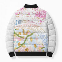 Hawaiian and Japanese Culture Together Bomber Puffer Jacket Tribal Motifs with Lei and Japanese Sakura Pattern LT03 - Polynesian Pride