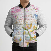 Hawaiian and Japanese Culture Together Bomber Puffer Jacket Tribal Motifs with Lei and Japanese Sakura Pattern LT03 - Polynesian Pride