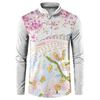 Hawaiian and Japanese Culture Together Button Sweatshirt Tribal Motifs with Lei and Japanese Sakura Pattern LT03 White - Polynesian Pride
