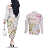 Hawaiian and Japanese Culture Together Couples Matching Off The Shoulder Long Sleeve Dress and Long Sleeve Button Shirt Tribal Motifs with Lei and Japanese Sakura Pattern LT03 - Polynesian Pride