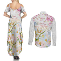 Hawaiian and Japanese Culture Together Couples Matching Summer Maxi Dress and Long Sleeve Button Shirt Tribal Motifs with Lei and Japanese Sakura Pattern LT03 - Polynesian Pride