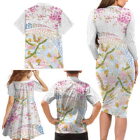 Hawaiian and Japanese Culture Together Family Matching Long Sleeve Bodycon Dress and Hawaiian Shirt Tribal Motifs with Lei and Japanese Sakura Pattern LT03 - Polynesian Pride