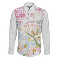 Hawaiian and Japanese Culture Together Family Matching Off Shoulder Short Dress and Hawaiian Shirt Tribal Motifs with Lei and Japanese Sakura Pattern LT03 Dad's Shirt - Long Sleeve White - Polynesian Pride