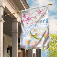 Hawaiian and Japanese Culture Together Garden Flag Tribal Motifs with Lei and Japanese Sakura Pattern