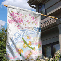 Hawaiian and Japanese Culture Together Garden Flag Tribal Motifs with Lei and Japanese Sakura Pattern