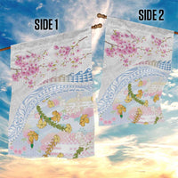 Hawaiian and Japanese Culture Together Garden Flag Tribal Motifs with Lei and Japanese Sakura Pattern