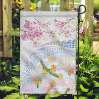 Hawaiian and Japanese Culture Together Garden Flag Tribal Motifs with Lei and Japanese Sakura Pattern