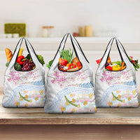 Hawaiian and Japanese Culture Together Grocery Bag Tribal Motifs with Lei and Japanese Sakura Pattern LT03 3-pack One Size White - Polynesian Pride